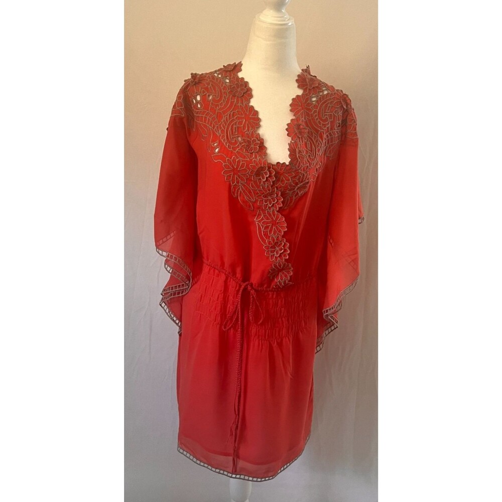 Ryu Terracotta Coral Chiffon Lace Inset Kaftan Midi Dress Smocked Drawstring L